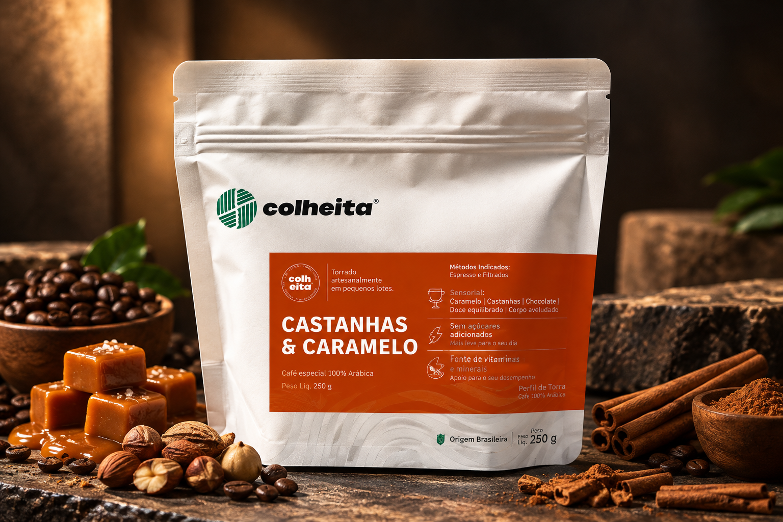 Pacote do café Castanhas & Caramelo da Colheita