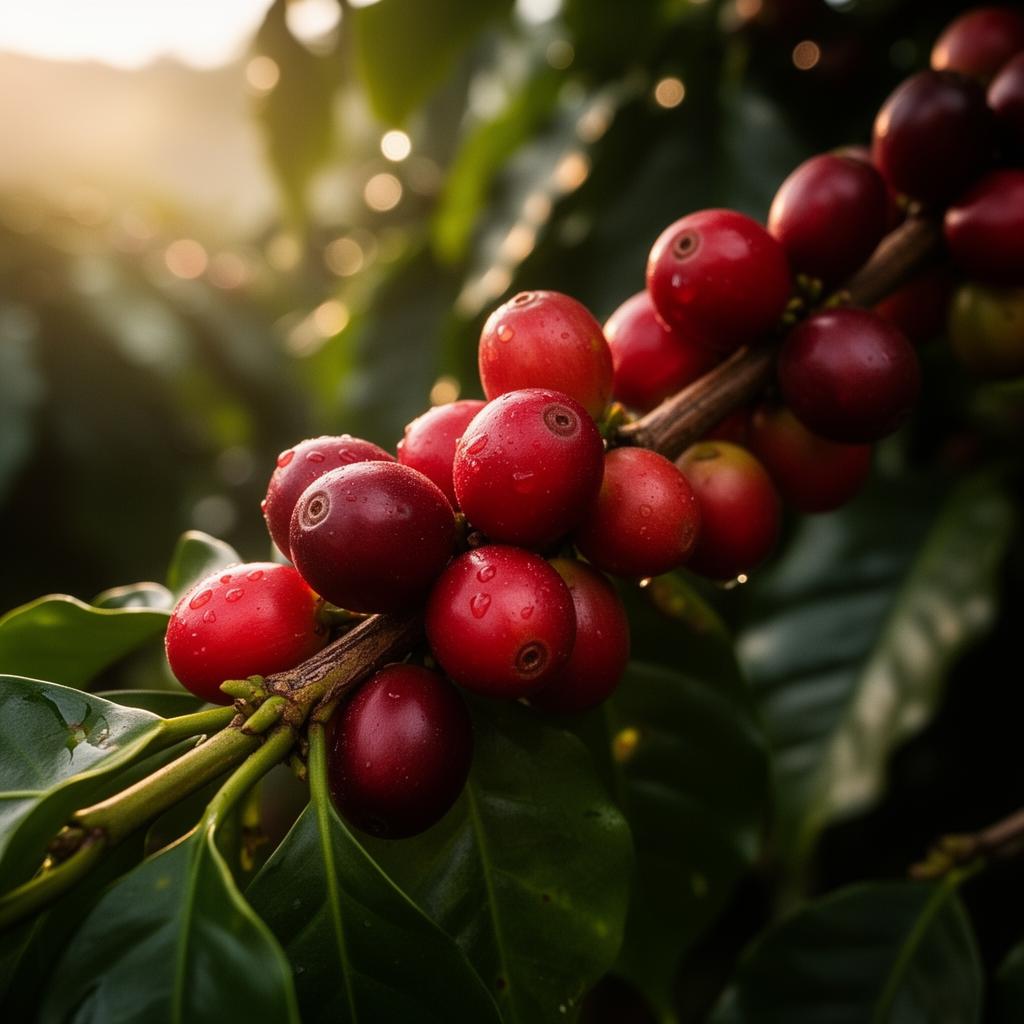Cerejas de café maduras no ramo